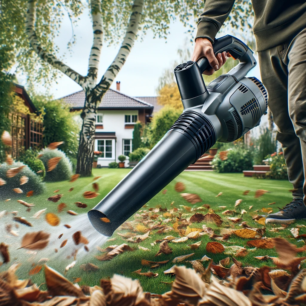 A-leaf-blower-in-use-actively-blowing-leaves-in-a-backyard-setting