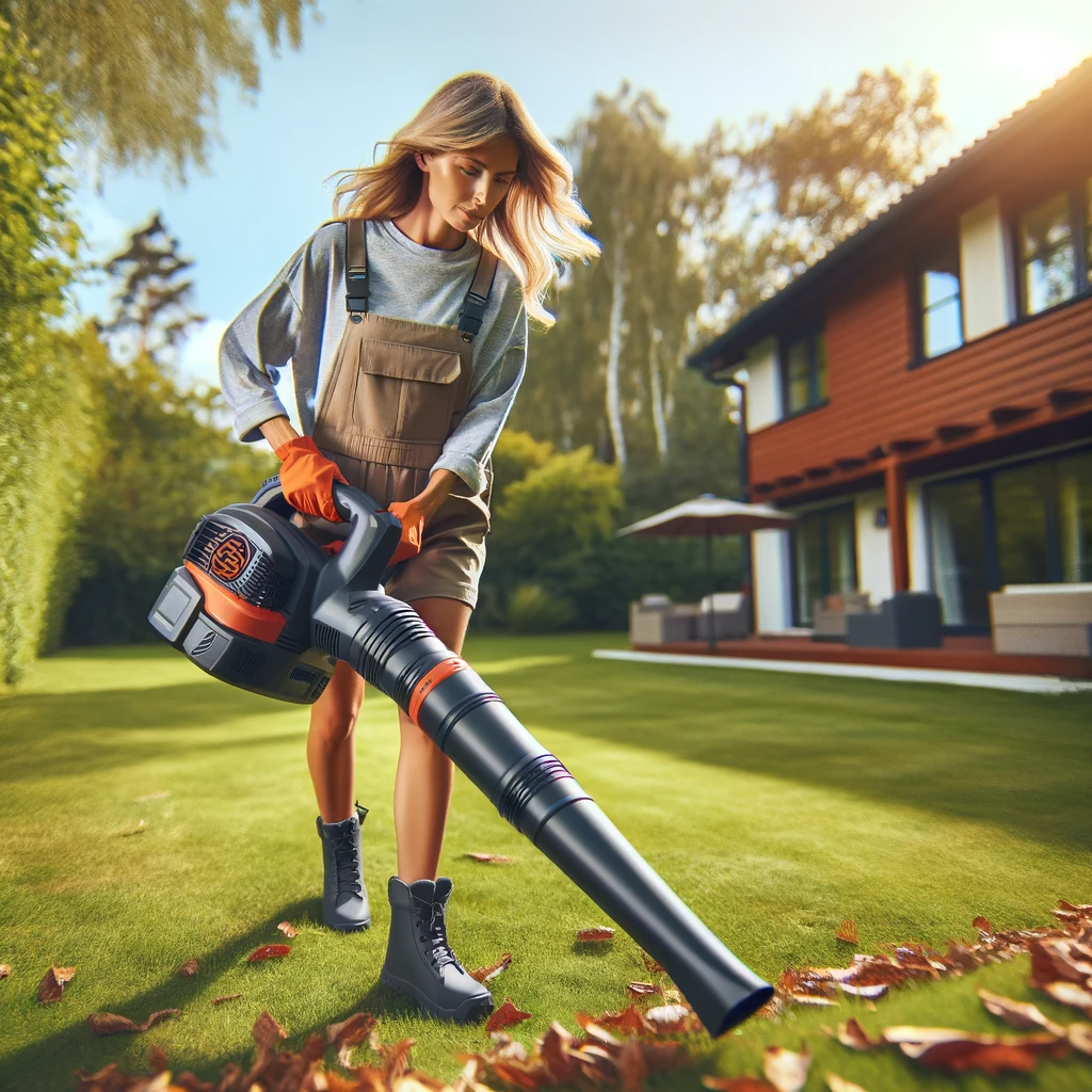 A-woman-using-a-leaf-blower-in-a-backyard